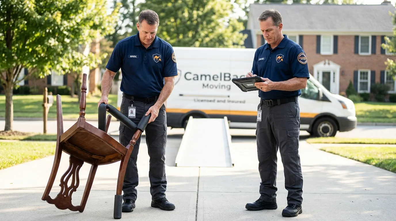 Movers inspecting furniture for damage prevention before loading in Chilhowie, VA
