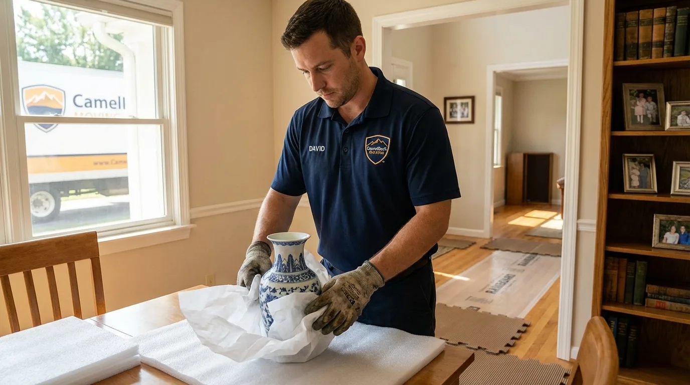 Professional crew carefully wrapping antique vase for senior downsizing move in Chilhowie, VA